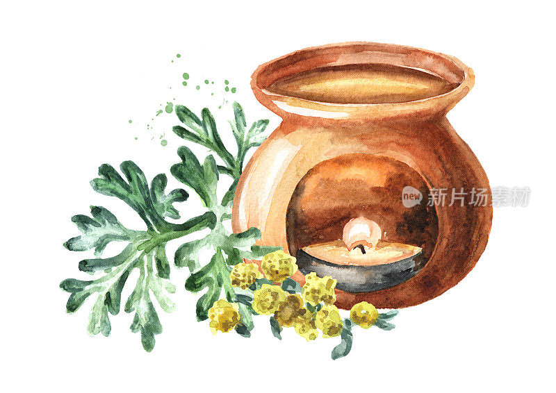 Wormwood essential oil and aroma lamp. Hand drawn watercolor illustration isolated on white background